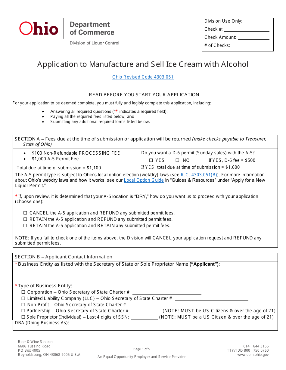 Form LIQ-17-014 Application to Manufacture and Sell ICE Cream With Alcohol - Ohio, Page 1