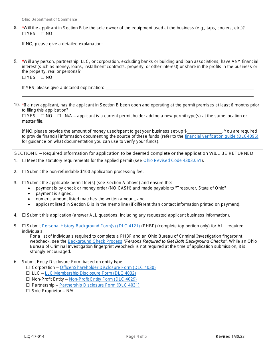 Form LIQ-17-014 Application to Manufacture and Sell ICE Cream With Alcohol - Ohio, Page 4