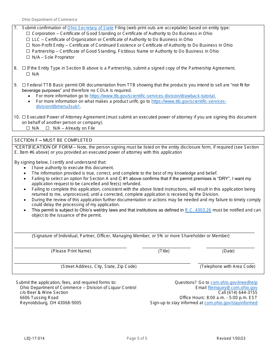 Form LIQ-17-014 Application to Manufacture and Sell ICE Cream With Alcohol - Ohio, Page 5