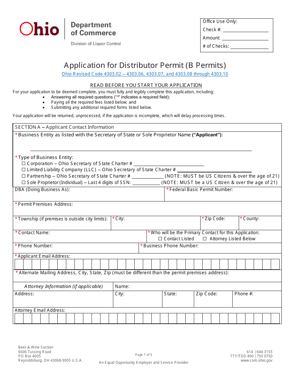 Form DLC4176-B Application for Distributor Permit (B Permits) - Ohio, Page 1