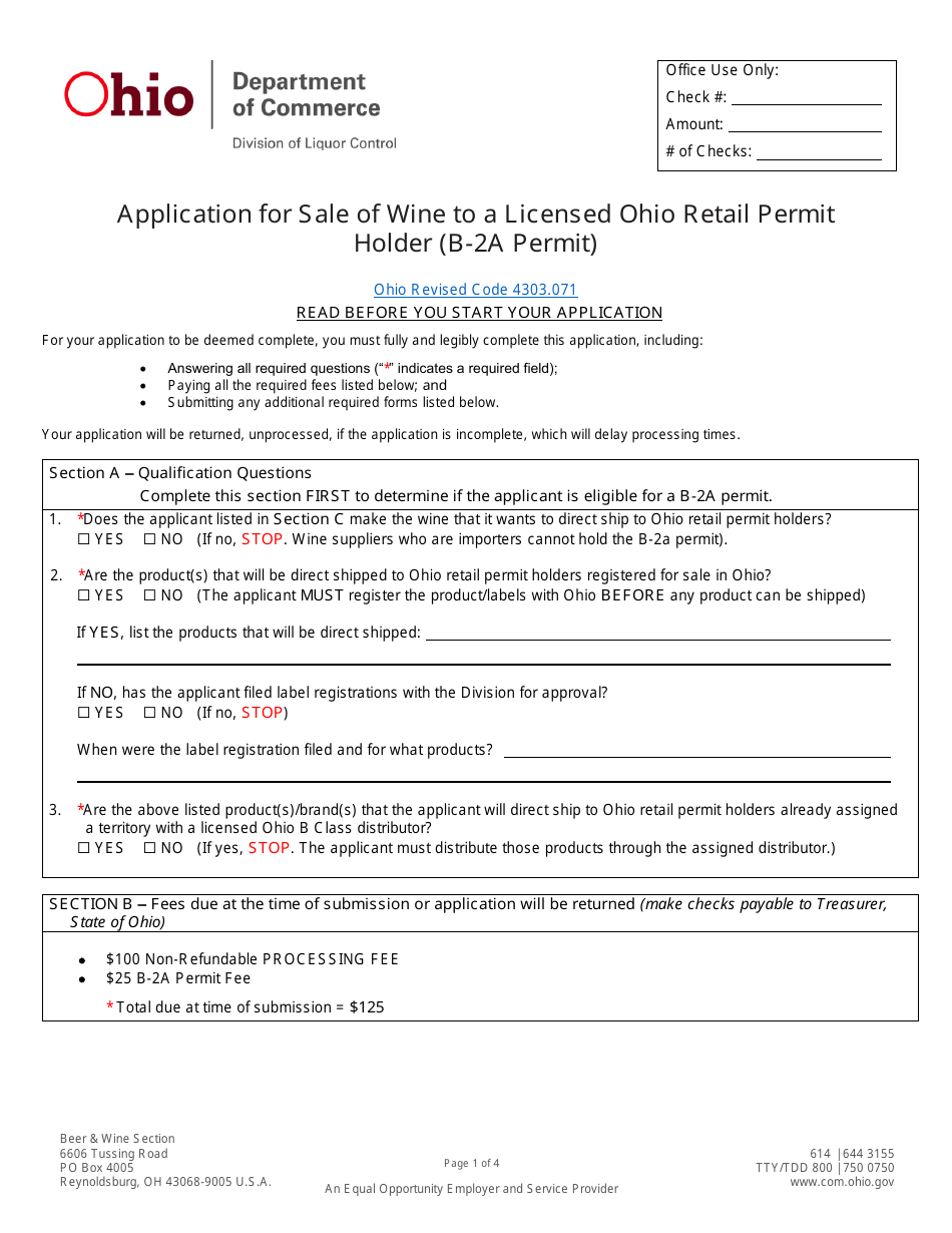 Form DLC4174-B2A Application for Sale of Wine to a Licensed Ohio Retail Permit Holder (B-2a Permit) - Ohio, Page 1