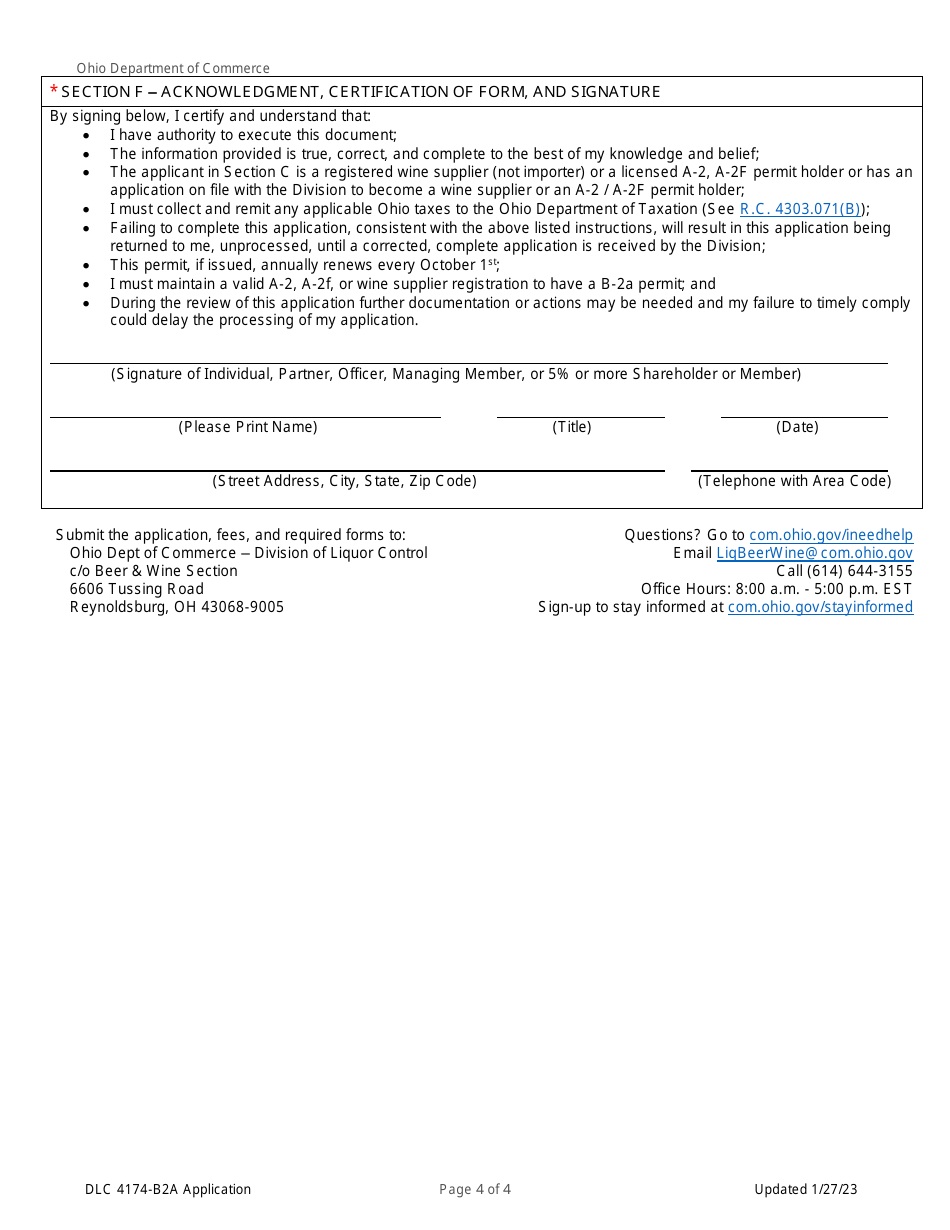 Form DLC4174-B2A Application for Sale of Wine to a Licensed Ohio Retail Permit Holder (B-2a Permit) - Ohio, Page 4
