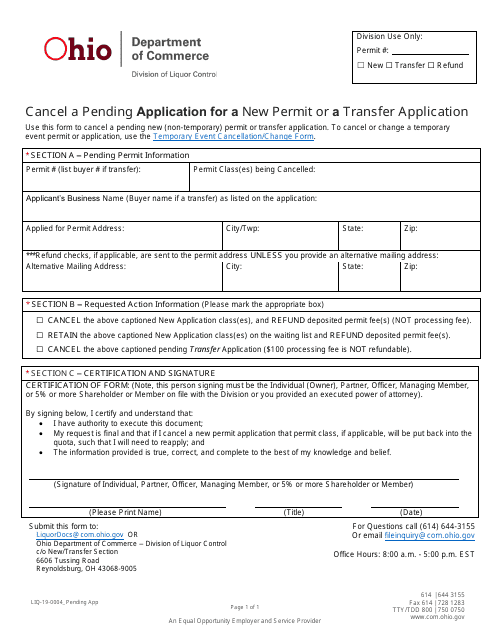 Form LIQ-19-0004 Cancel a Pending Application for a New Permit or a Transfer Application - Ohio