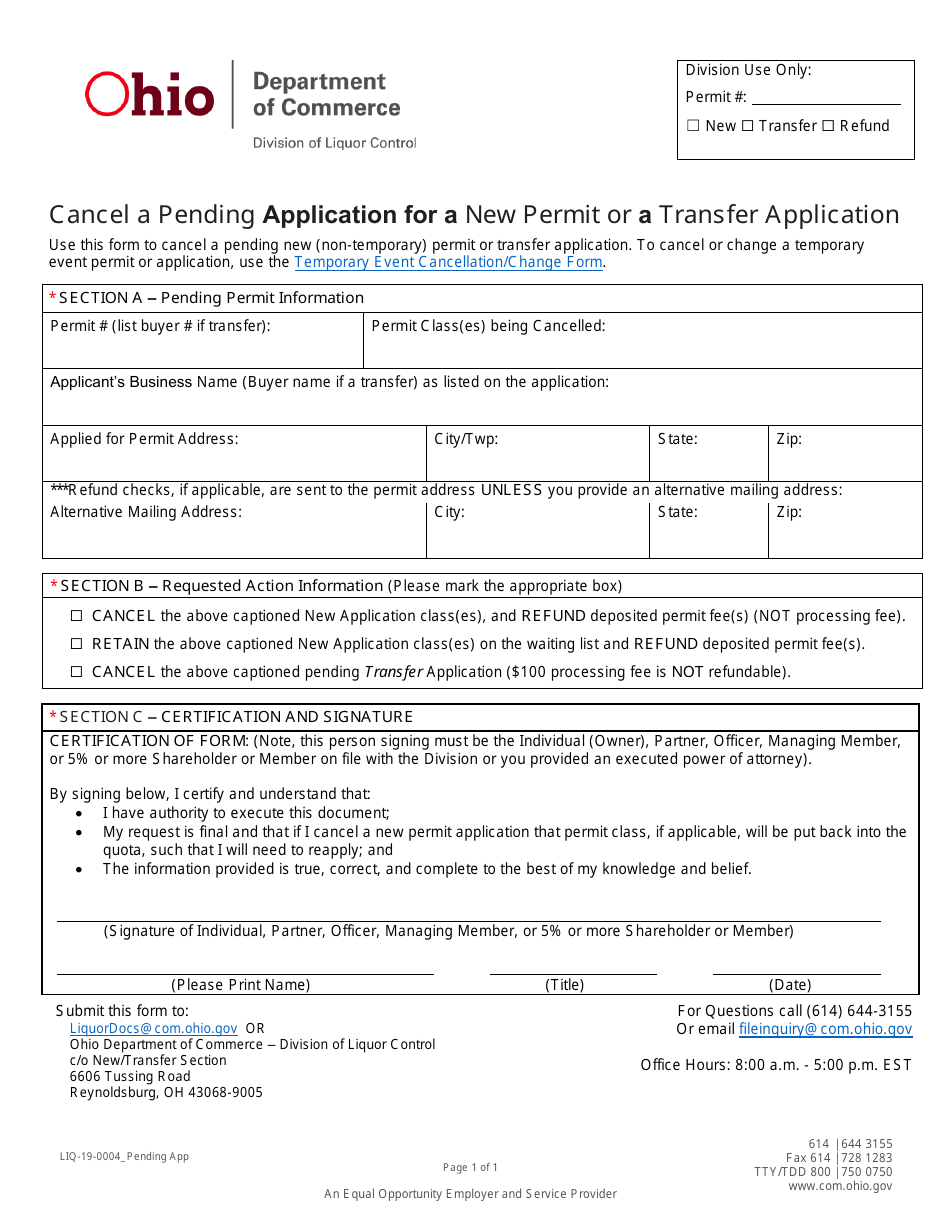 Form LIQ-19-0004 Cancel a Pending Application for a New Permit or a Transfer Application - Ohio, Page 1