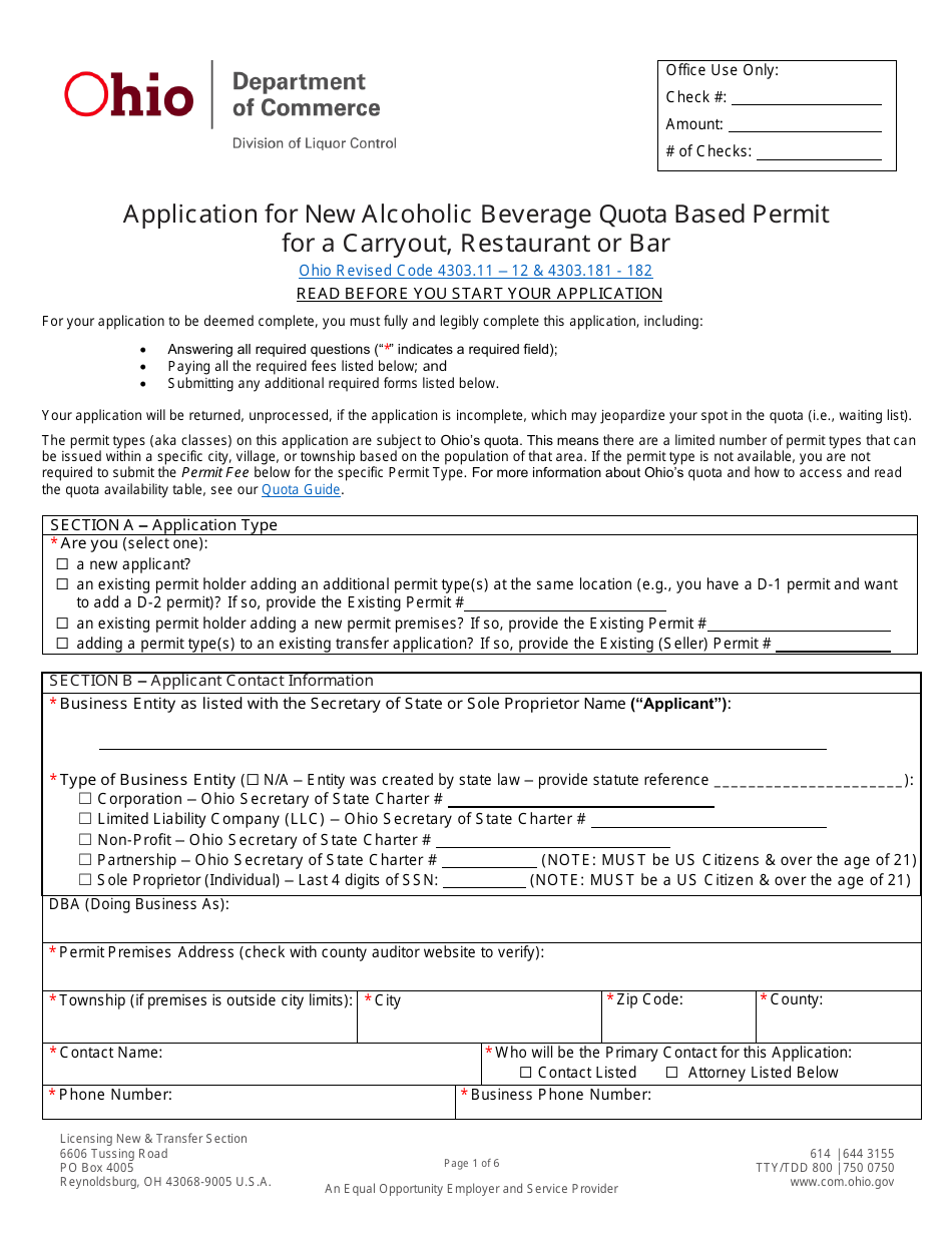 Form DLC4113-C / D (LIQ-18-0020) Application for New Alcoholic Beverage Quota Based Permit for a Carryout, Restaurant or Bar - Ohio, Page 1