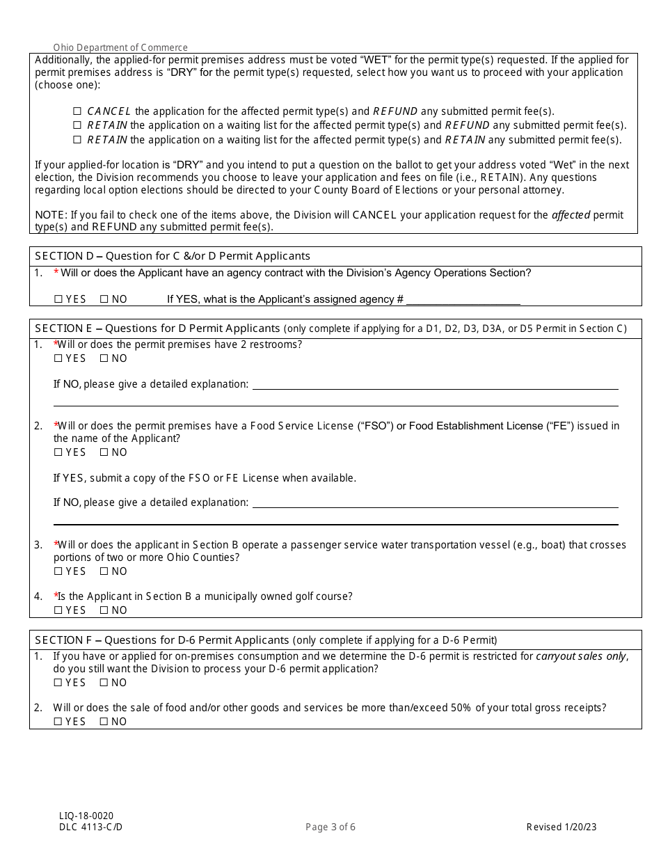 Form DLC4113-C / D (LIQ-18-0020) Application for New Alcoholic Beverage Quota Based Permit for a Carryout, Restaurant or Bar - Ohio, Page 3