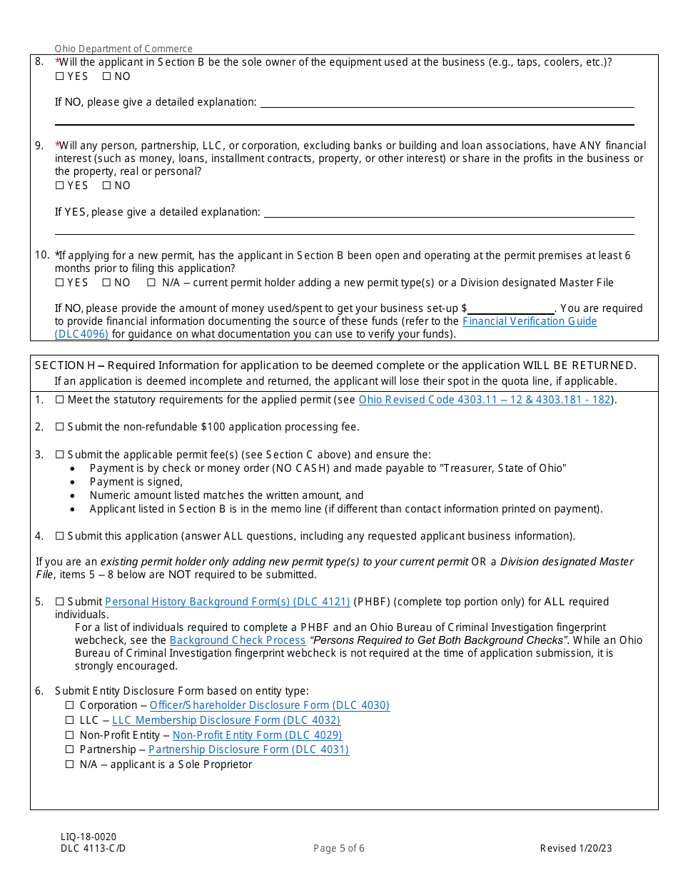 Form DLC4113-C / D (LIQ-18-0020) Application for New Alcoholic Beverage Quota Based Permit for a Carryout, Restaurant or Bar - Ohio, Page 5