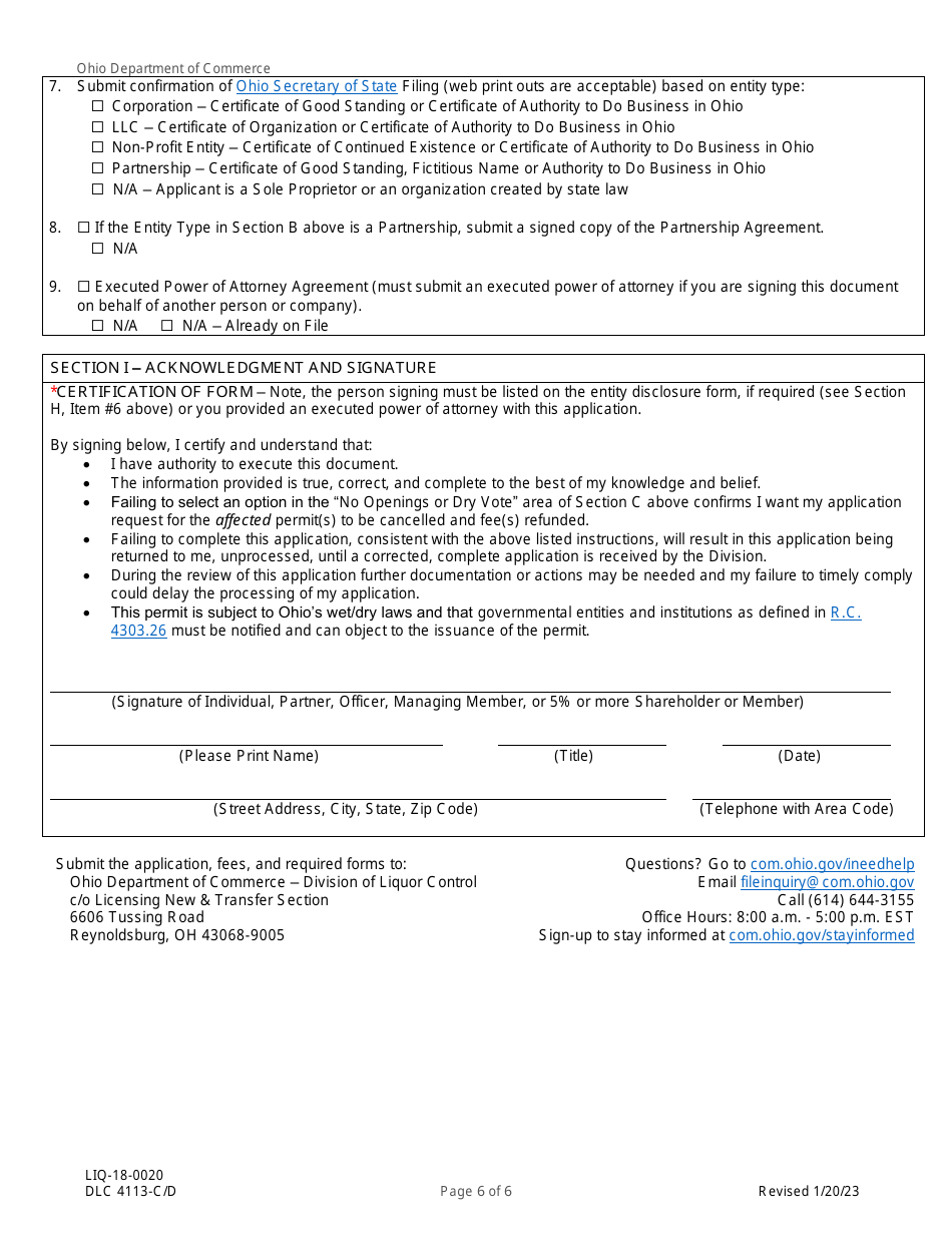 Form DLC4113-C / D (LIQ-18-0020) Application for New Alcoholic Beverage Quota Based Permit for a Carryout, Restaurant or Bar - Ohio, Page 6