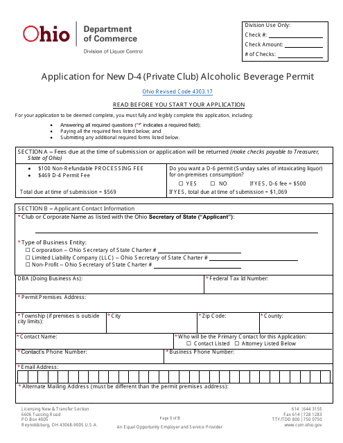 Form DLC4171_D-4 (LIQ-18-0020) Application for New D-4 (Private Club) Alcoholic Beverage Permit - Ohio
