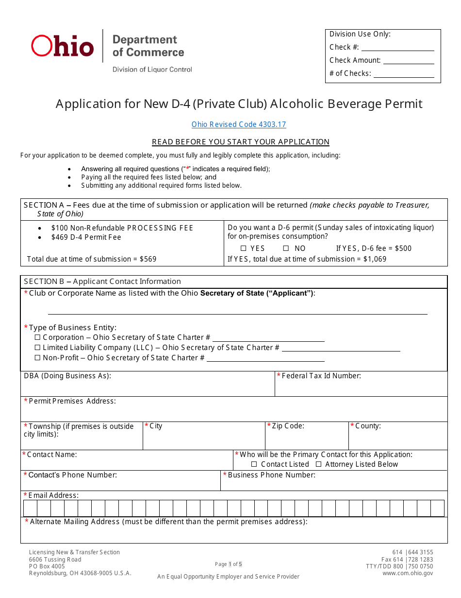 Form DLC4171_D-4 (LIQ-18-0020) Application for New D-4 (Private Club) Alcoholic Beverage Permit - Ohio, Page 1