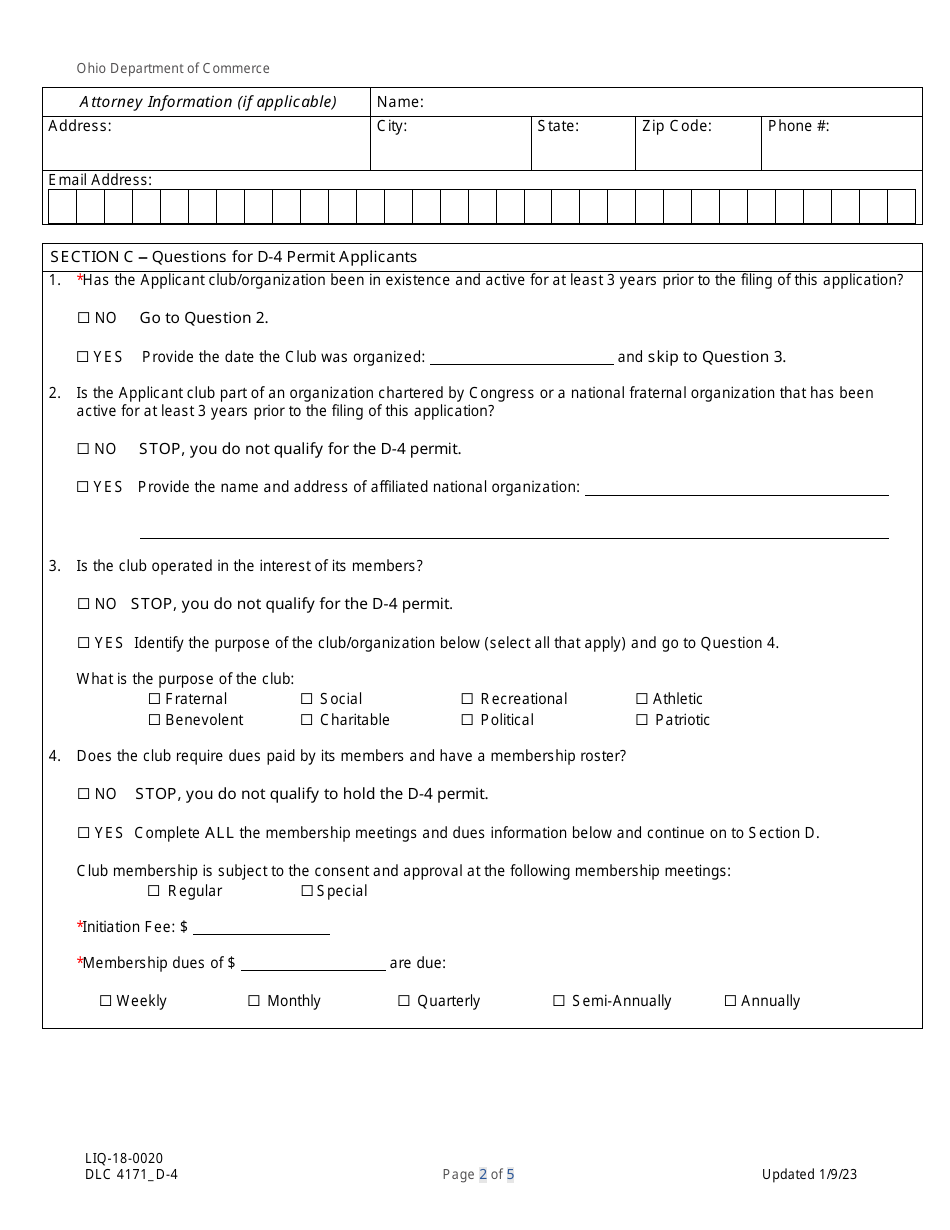 Form DLC4171_D-4 (LIQ-18-0020) Application for New D-4 (Private Club) Alcoholic Beverage Permit - Ohio, Page 2