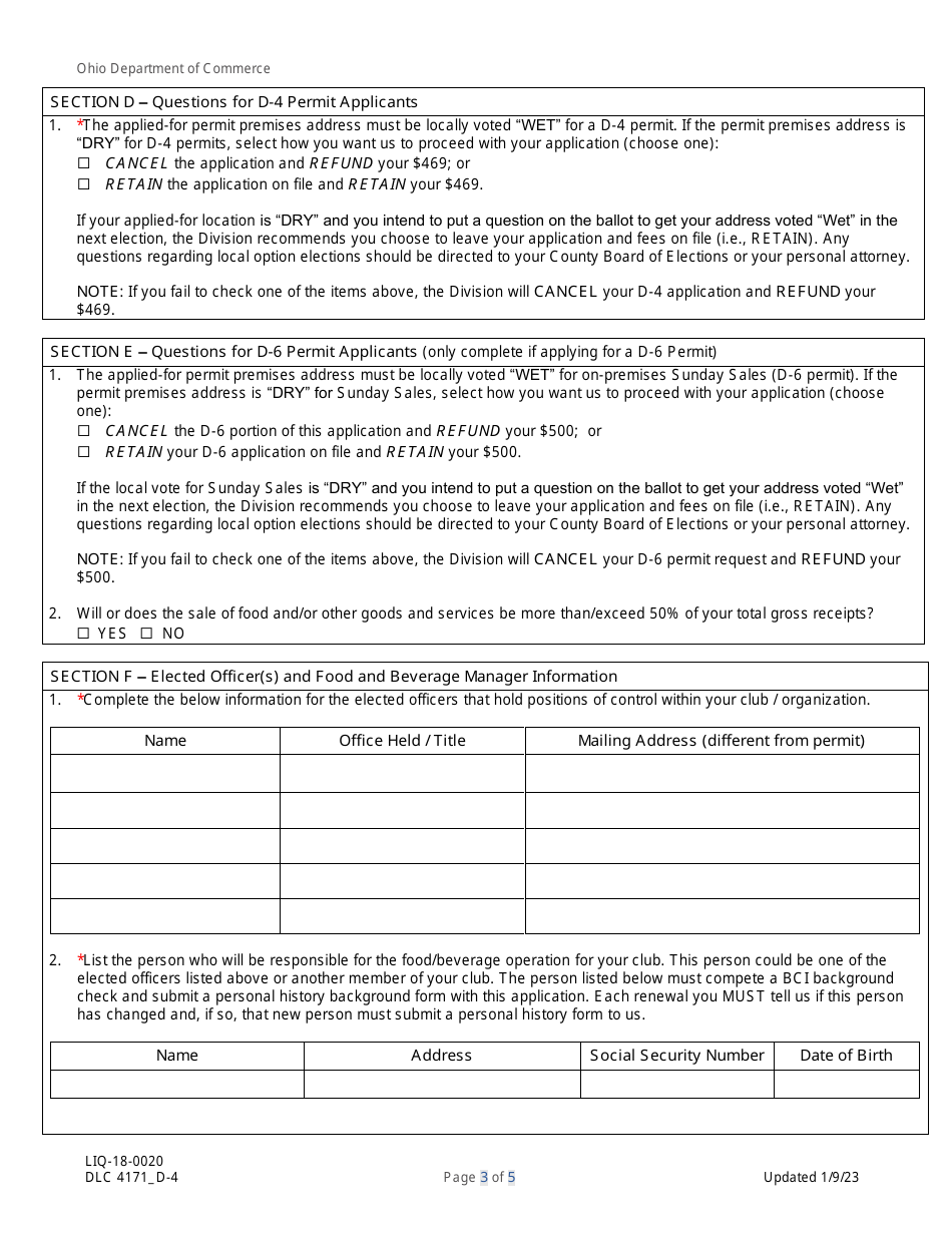 Form DLC4171_D-4 (LIQ-18-0020) Application for New D-4 (Private Club) Alcoholic Beverage Permit - Ohio, Page 3