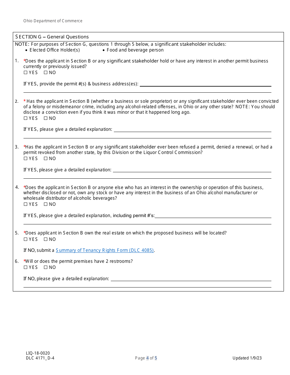 Form DLC4171_D-4 (LIQ-18-0020) Application for New D-4 (Private Club) Alcoholic Beverage Permit - Ohio, Page 4
