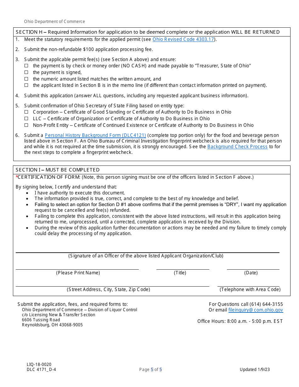 Form DLC4171_D-4 (LIQ-18-0020) Application for New D-4 (Private Club) Alcoholic Beverage Permit - Ohio, Page 5