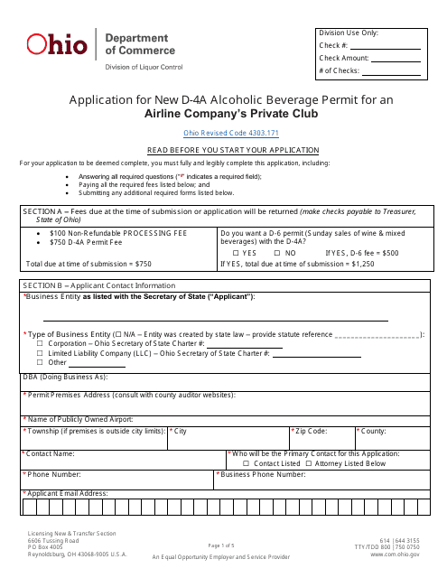 Form DLC4171_D-4A Application for New D-4a Alcoholic Beverage Permit for an Airline Company's Private Club - Ohio