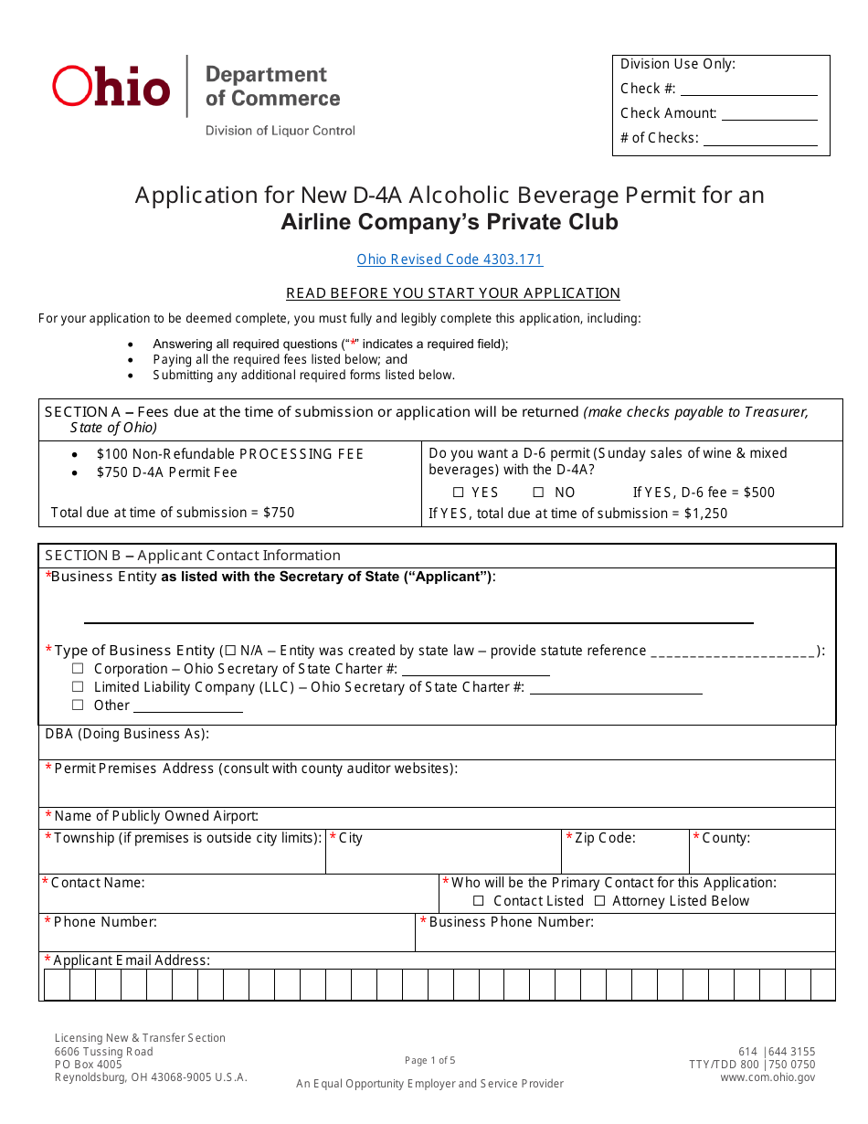 Form DLC4171_D-4A Application for New D-4a Alcoholic Beverage Permit for an Airline Companys Private Club - Ohio, Page 1