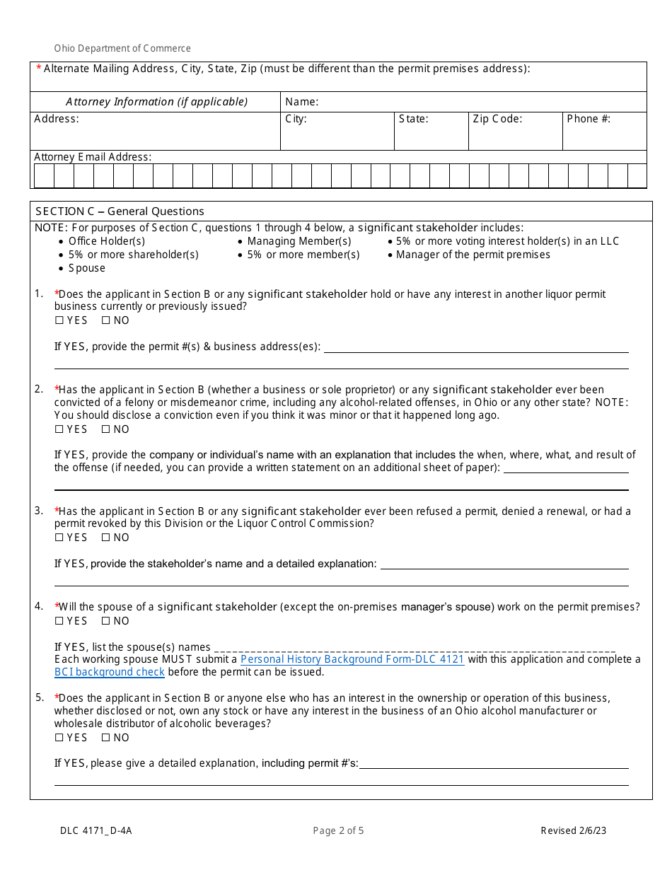 Form DLC4171_D-4A Application for New D-4a Alcoholic Beverage Permit for an Airline Companys Private Club - Ohio, Page 2