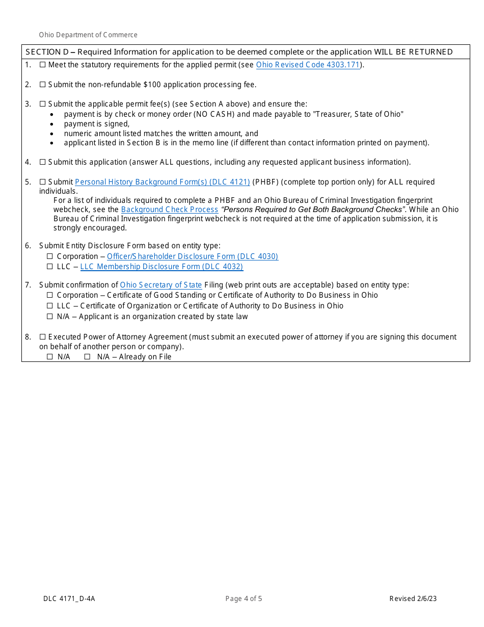 Form DLC4171_D-4A Application for New D-4a Alcoholic Beverage Permit for an Airline Companys Private Club - Ohio, Page 4