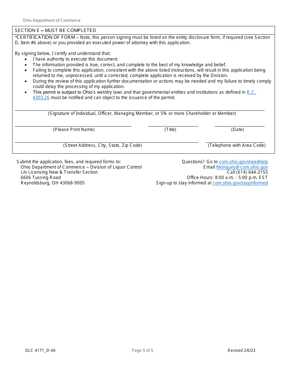 Form DLC4171_D-4A Application for New D-4a Alcoholic Beverage Permit for an Airline Companys Private Club - Ohio, Page 5