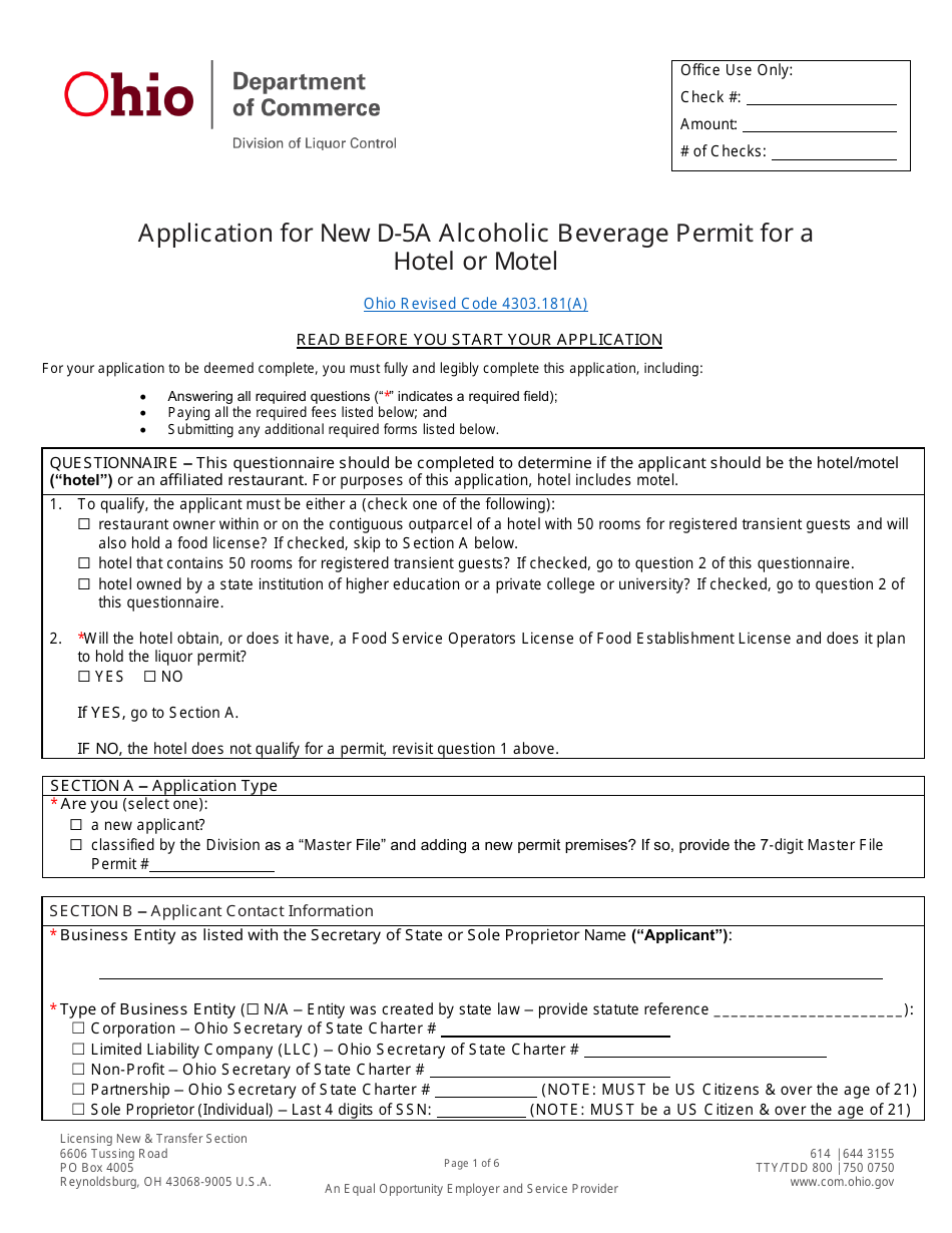 Form DLC4113_D-5A (LIQ-18-0020) Application for New D-5a Alcoholic Beverage Permit for a Hotel or Motel - Ohio, Page 1