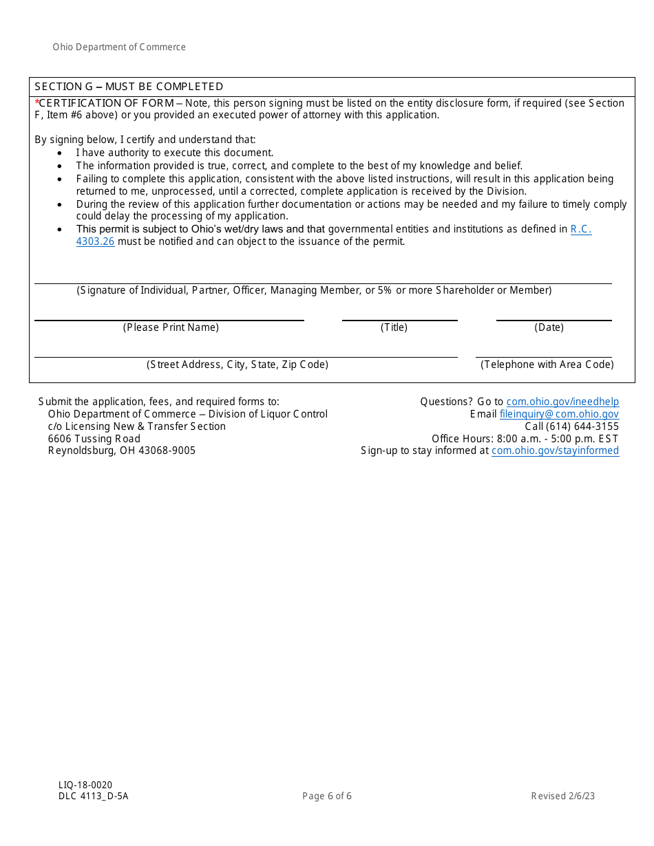 Form DLC4113_D-5A (LIQ-18-0020) Application for New D-5a Alcoholic Beverage Permit for a Hotel or Motel - Ohio, Page 6
