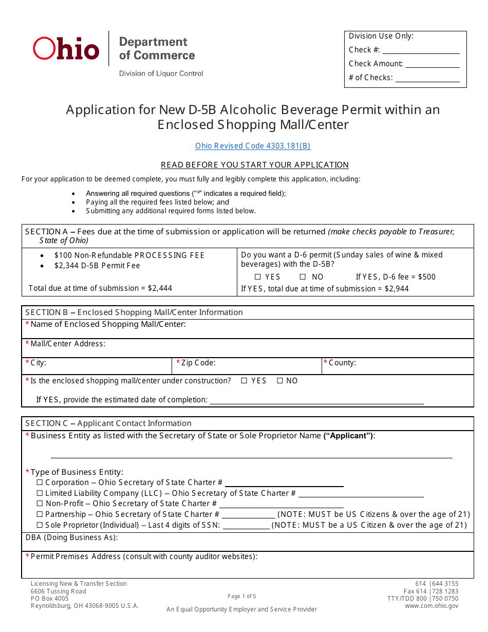 Form DLC4137_D-5B (LIQ-18-0020) Application for New D-5b Alcoholic Beverage Permit Within an Enclosed Shopping Mall / Center - Ohio, Page 1