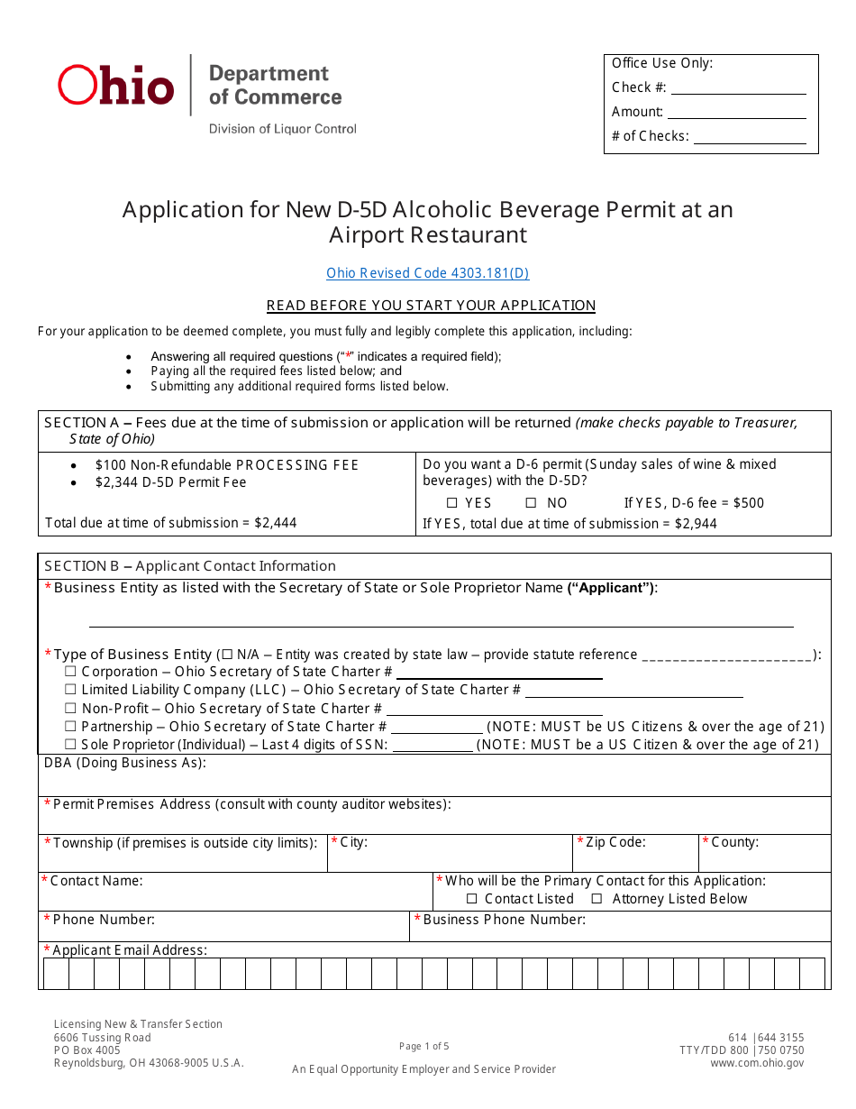 Form DLC4113_D-5D (LIQ-18-0020) Application for New D-5d Alcoholic Beverage Permit at an Airport Restaurant - Ohio, Page 1