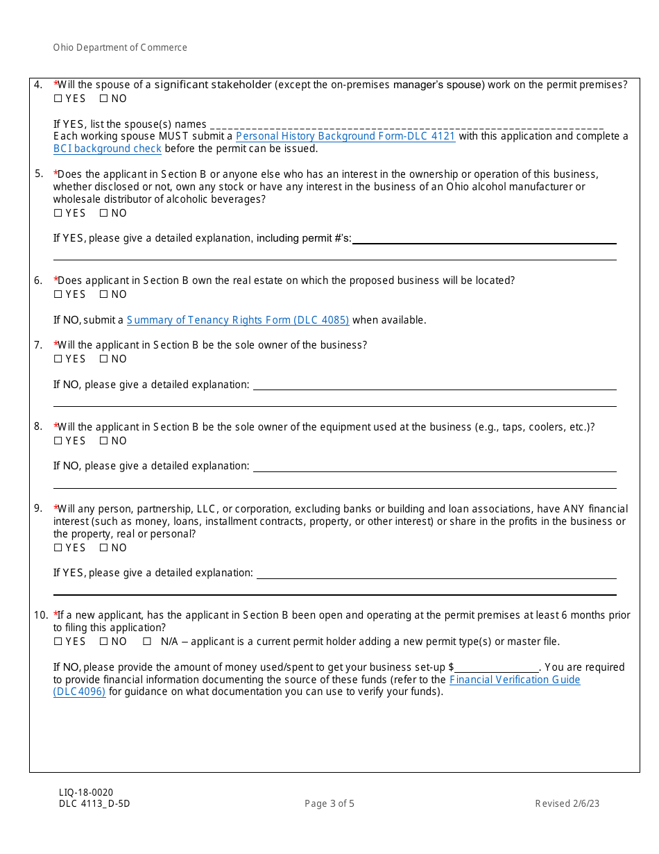 Form DLC4113_D-5D (LIQ-18-0020) Application for New D-5d Alcoholic Beverage Permit at an Airport Restaurant - Ohio, Page 3
