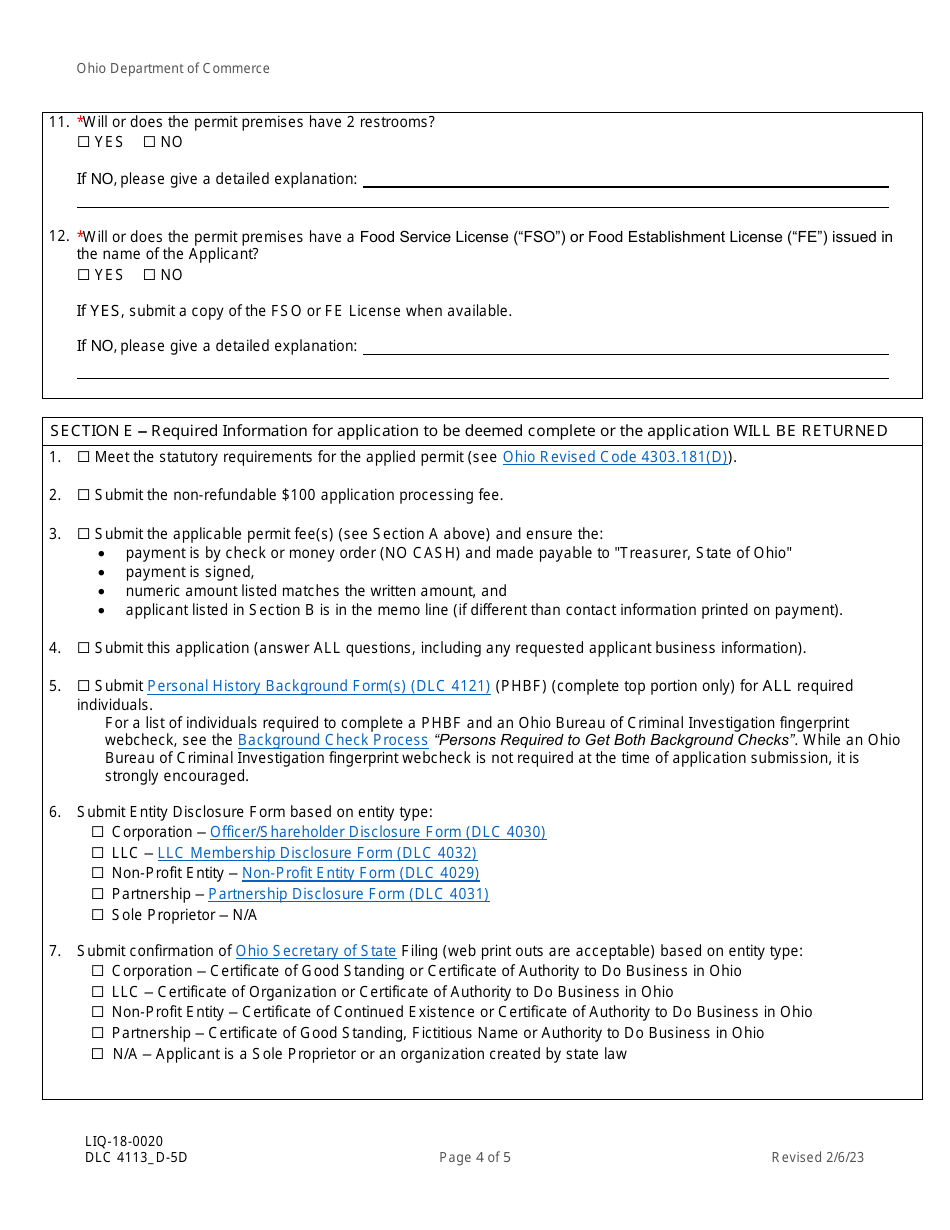 Form DLC4113_D-5D (LIQ-18-0020) Application for New D-5d Alcoholic Beverage Permit at an Airport Restaurant - Ohio, Page 4