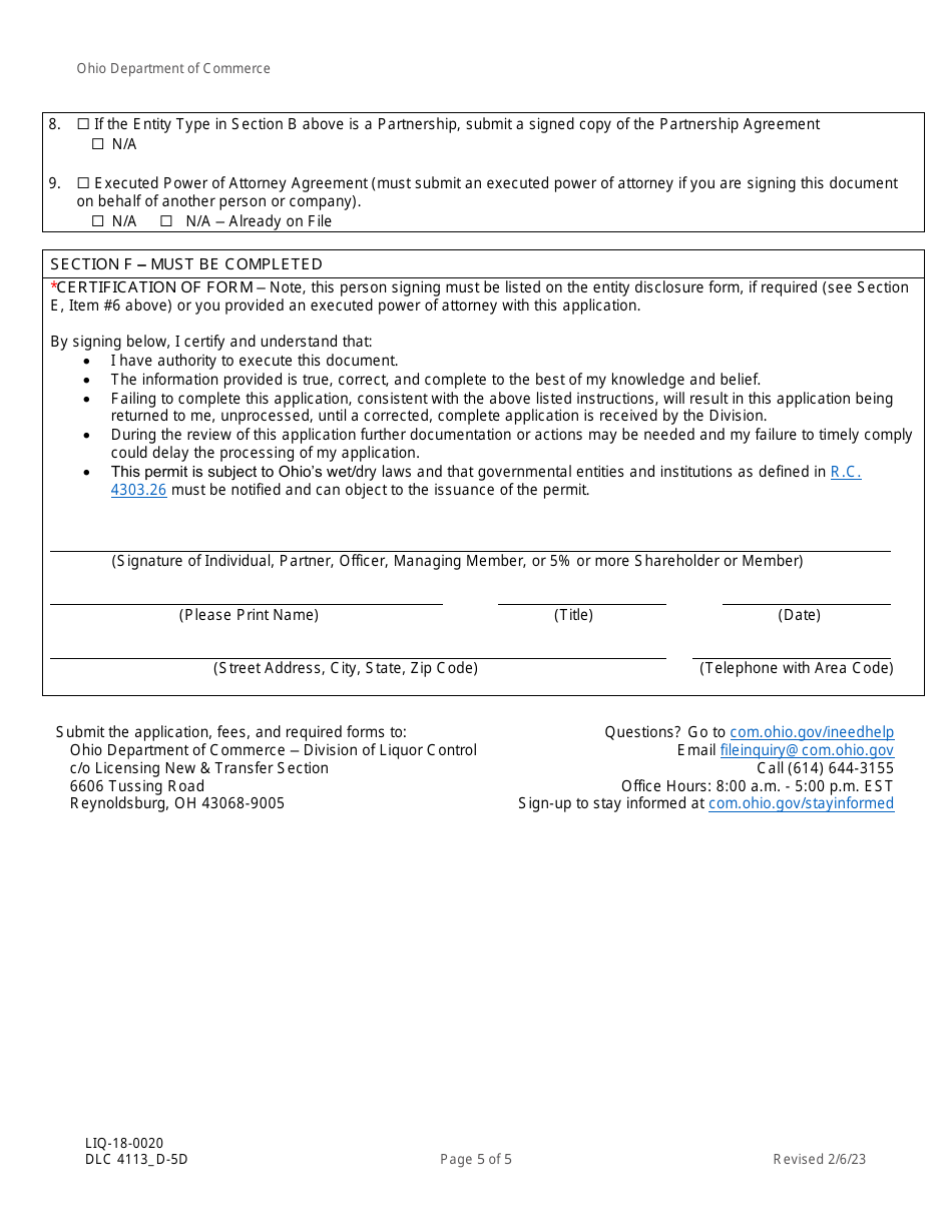 Form DLC4113_D-5D (LIQ-18-0020) Application for New D-5d Alcoholic Beverage Permit at an Airport Restaurant - Ohio, Page 5