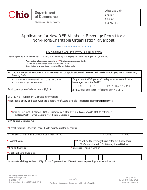 Form DLC4113_D-5E (LIQ-18-0020) Application for New D-5e Alcoholic Beverage Permit for a Non-profit/Charitable Organization Riverboat - Ohio