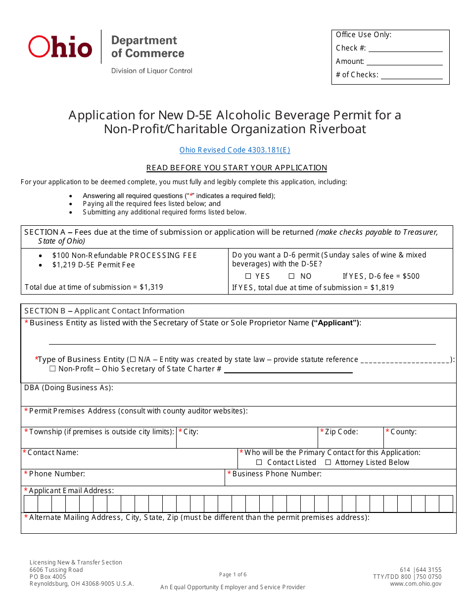 Form DLC4113_D-5E (LIQ-18-0020) Application for New D-5e Alcoholic Beverage Permit for a Non-profit / Charitable Organization Riverboat - Ohio, Page 1