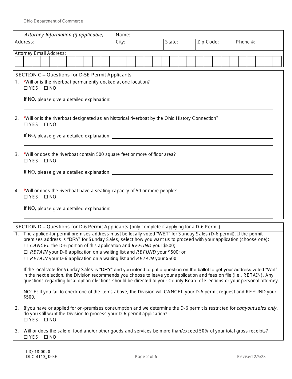 Form DLC4113_D-5E (LIQ-18-0020) Application for New D-5e Alcoholic Beverage Permit for a Non-profit / Charitable Organization Riverboat - Ohio, Page 2