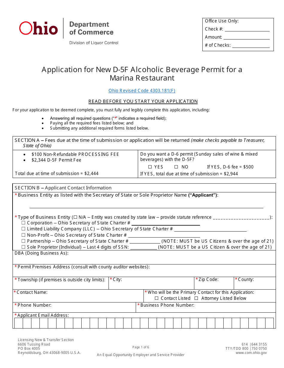 Form DLC4113_D-5F (LIQ-18-0020) Application for New D-5f Alcoholic Beverage Permit for a Marina Restaurant - Ohio, Page 1