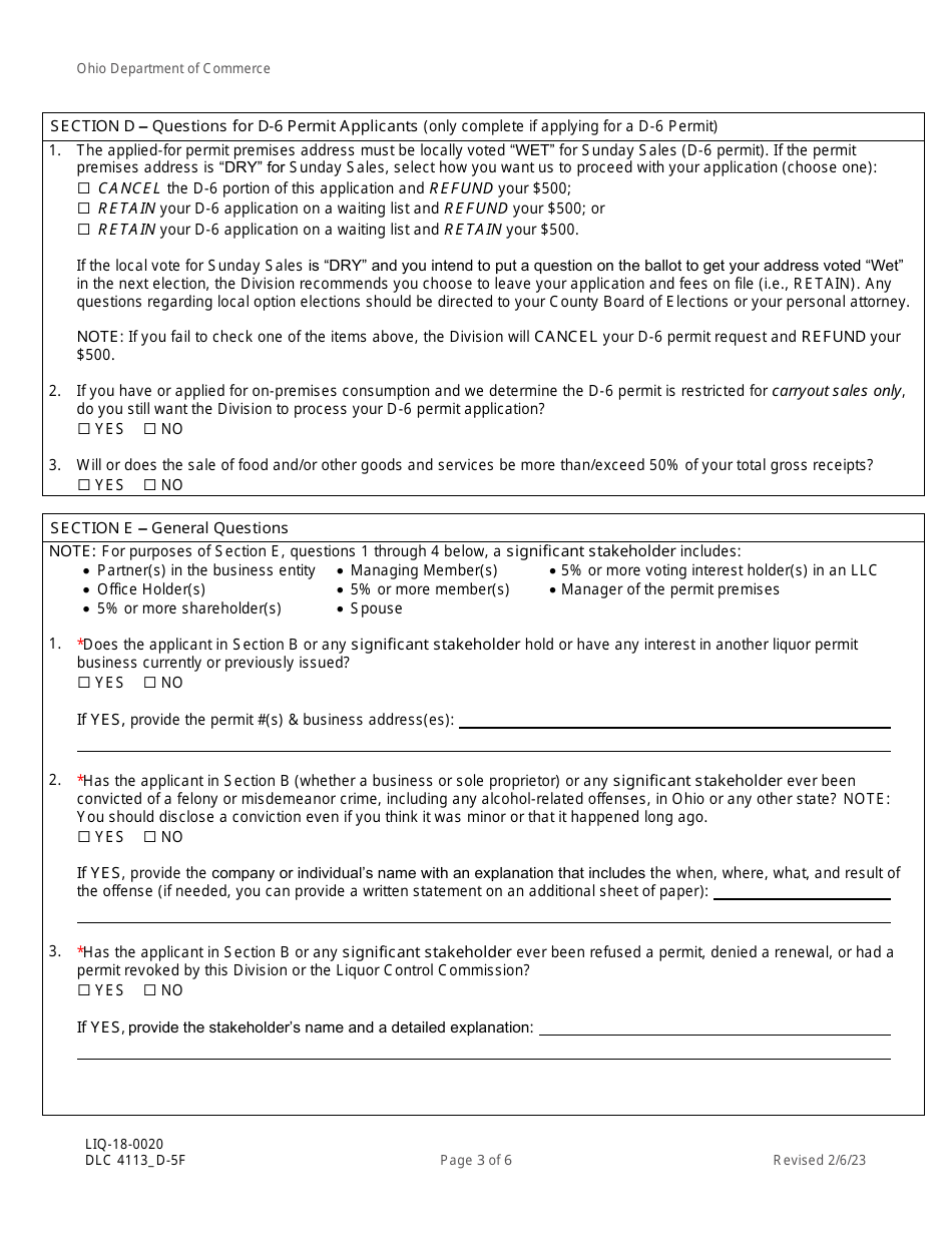 Form DLC4113_D-5F (LIQ-18-0020) Application for New D-5f Alcoholic Beverage Permit for a Marina Restaurant - Ohio, Page 3
