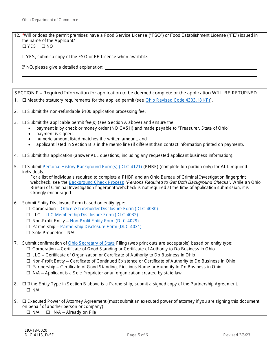 Form DLC4113_D-5F (LIQ-18-0020) Application for New D-5f Alcoholic Beverage Permit for a Marina Restaurant - Ohio, Page 5
