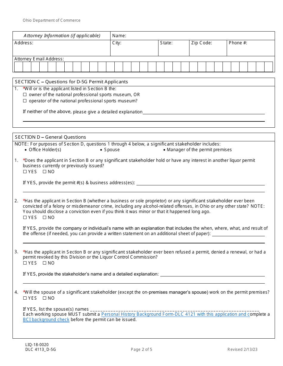 Form DLC4113_D-5G (LIQ-18-0020) Application for New D-5g Alcoholic Beverage Permit for a National Professional Sports Museum - Ohio, Page 2