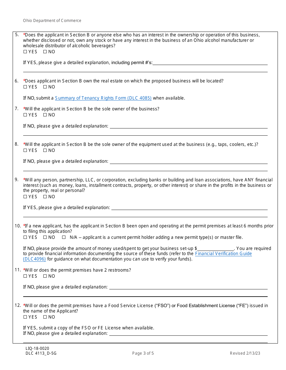 Form DLC4113_D-5G (LIQ-18-0020) Application for New D-5g Alcoholic Beverage Permit for a National Professional Sports Museum - Ohio, Page 3