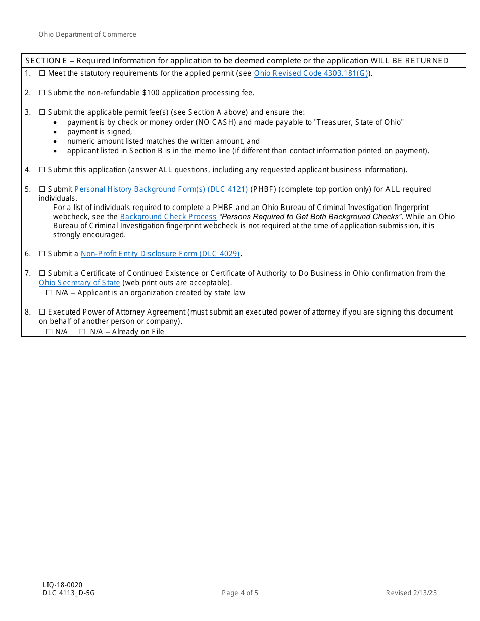 Form DLC4113_D-5G (LIQ-18-0020) Application for New D-5g Alcoholic Beverage Permit for a National Professional Sports Museum - Ohio, Page 4