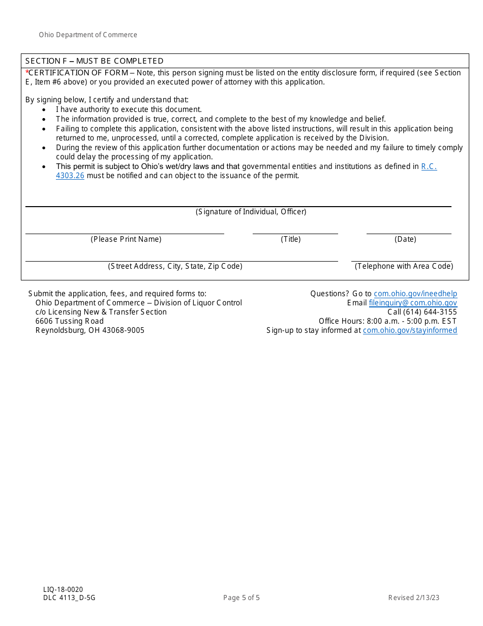 Form DLC4113_D-5G (LIQ-18-0020) Application for New D-5g Alcoholic Beverage Permit for a National Professional Sports Museum - Ohio, Page 5
