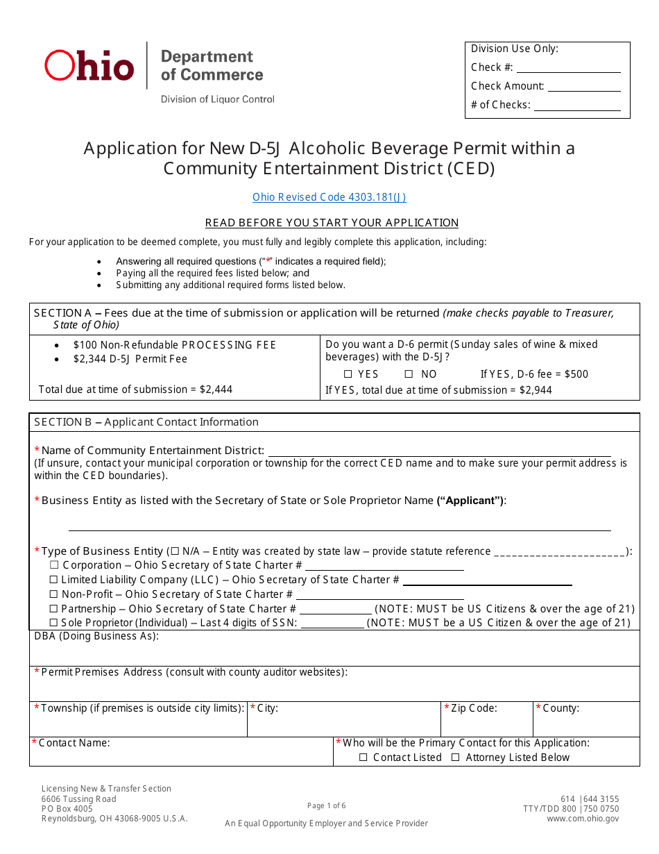 Form DLC4113_D-5J (LIQ-18-0020) Application for New D-5j Alcoholic Beverage Permit Within a Community Entertainment District (Ced) - Ohio, Page 1