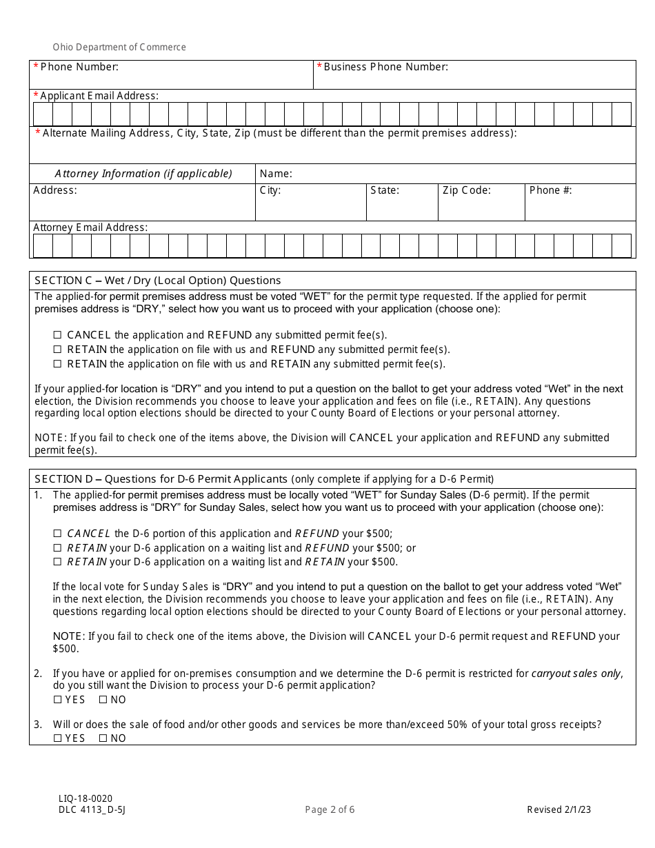 Form DLC4113_D-5J (LIQ-18-0020) Application for New D-5j Alcoholic Beverage Permit Within a Community Entertainment District (Ced) - Ohio, Page 2