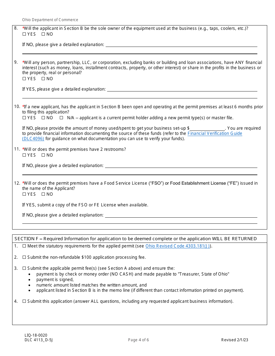 Form DLC4113_D-5J (LIQ-18-0020) Application for New D-5j Alcoholic Beverage Permit Within a Community Entertainment District (Ced) - Ohio, Page 4