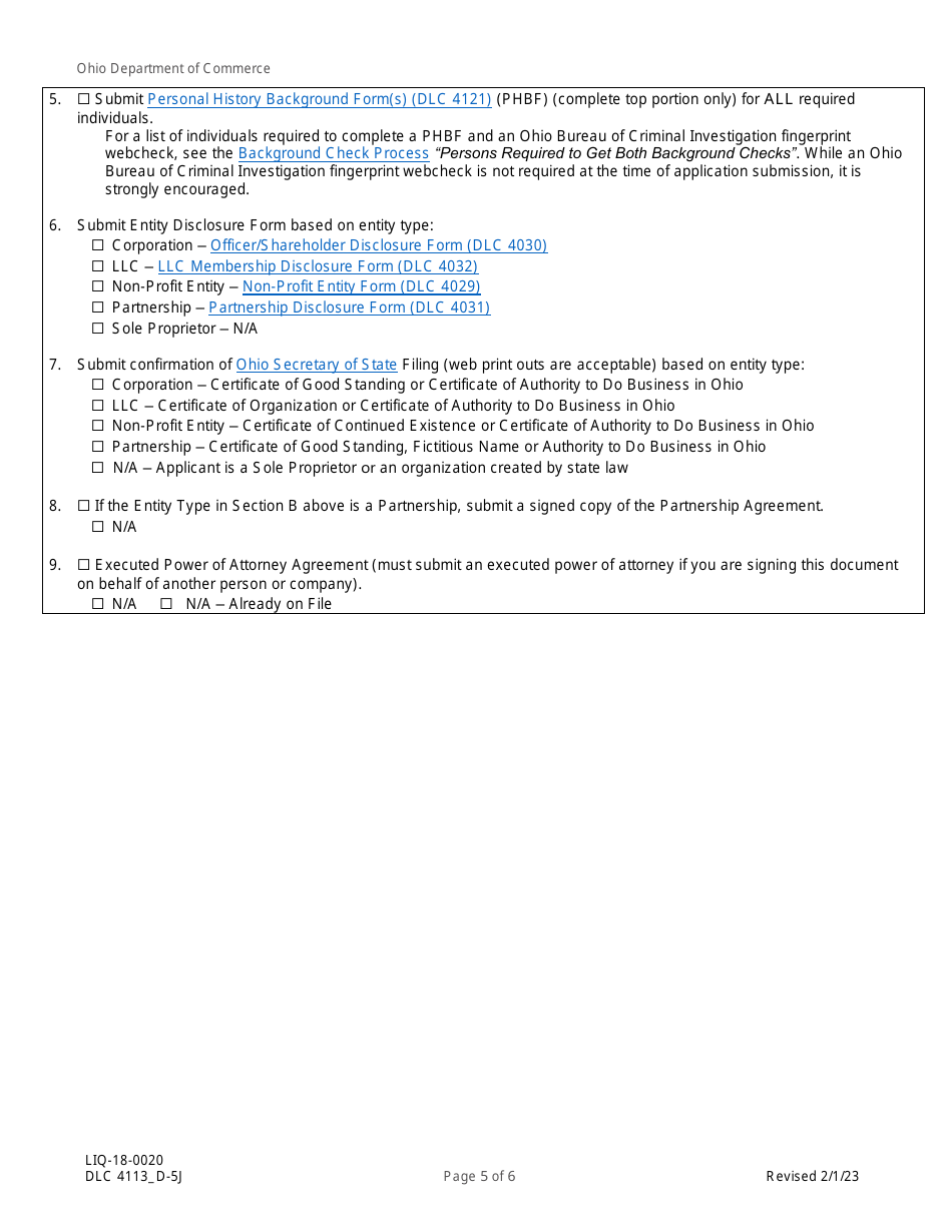 Form DLC4113_D-5J (LIQ-18-0020) Application for New D-5j Alcoholic Beverage Permit Within a Community Entertainment District (Ced) - Ohio, Page 5