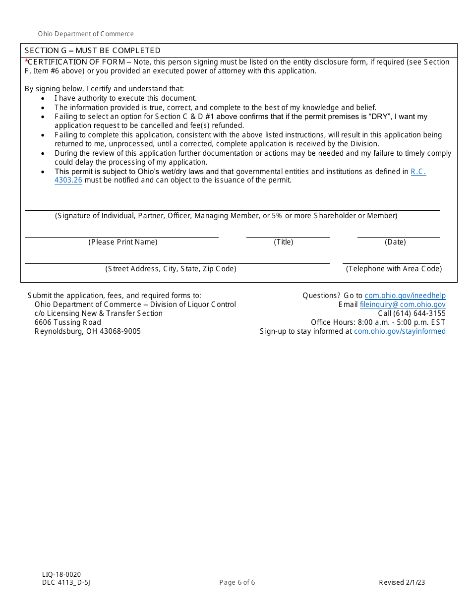 Form DLC4113_D-5J (LIQ-18-0020) Application for New D-5j Alcoholic Beverage Permit Within a Community Entertainment District (Ced) - Ohio, Page 6