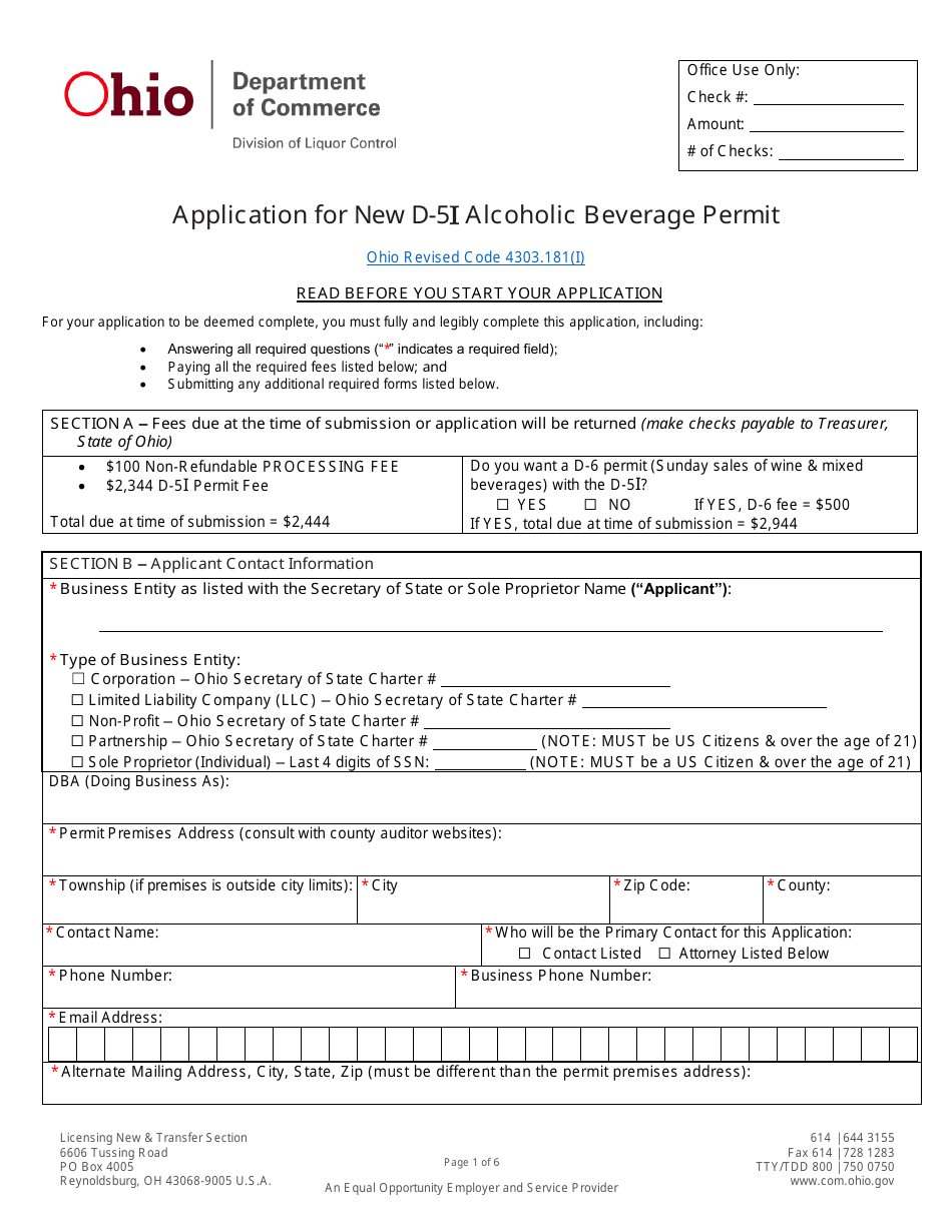 Form DLC4113_D-5I (LIQ-18-0020) Application for New D-5 I Alcoholic Beverage Permit - Ohio, Page 1