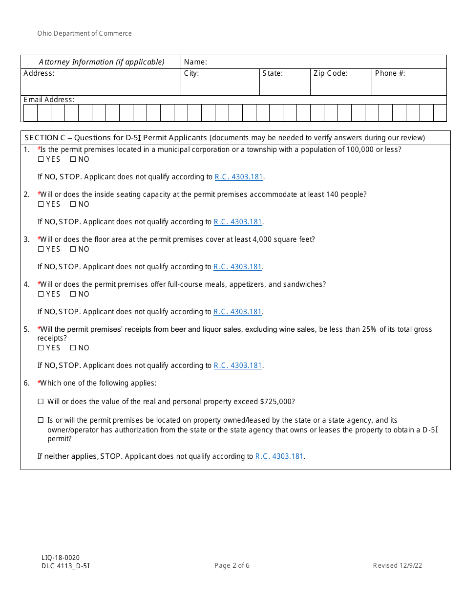 Form DLC4113_D-5I (LIQ-18-0020) Application for New D-5 I Alcoholic Beverage Permit - Ohio, Page 2