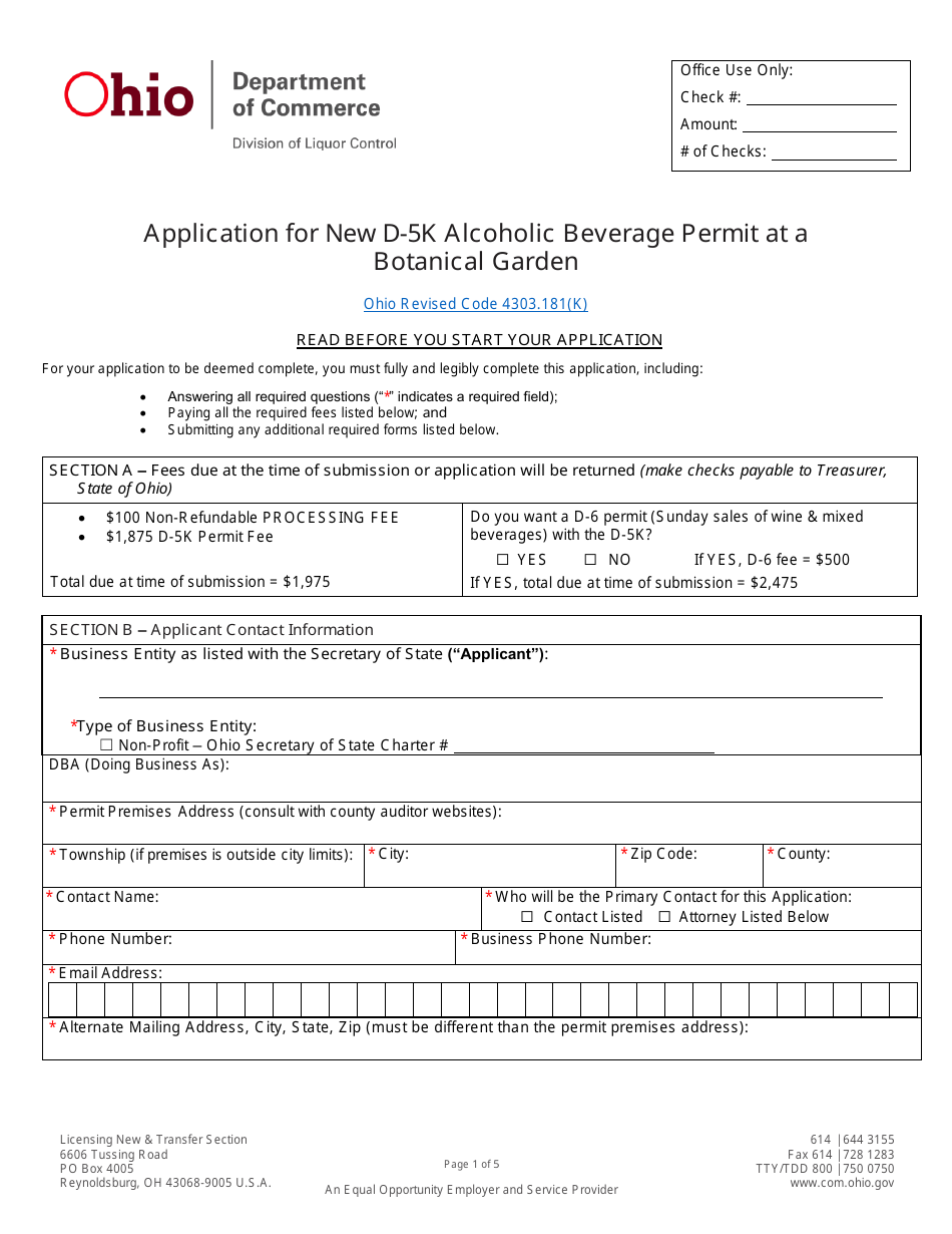 Form DLC4113_D-5K (LIQ-18-0020) Application for New D-5k Alcoholic Beverage Permit at a Botanical Garden - Ohio, Page 1