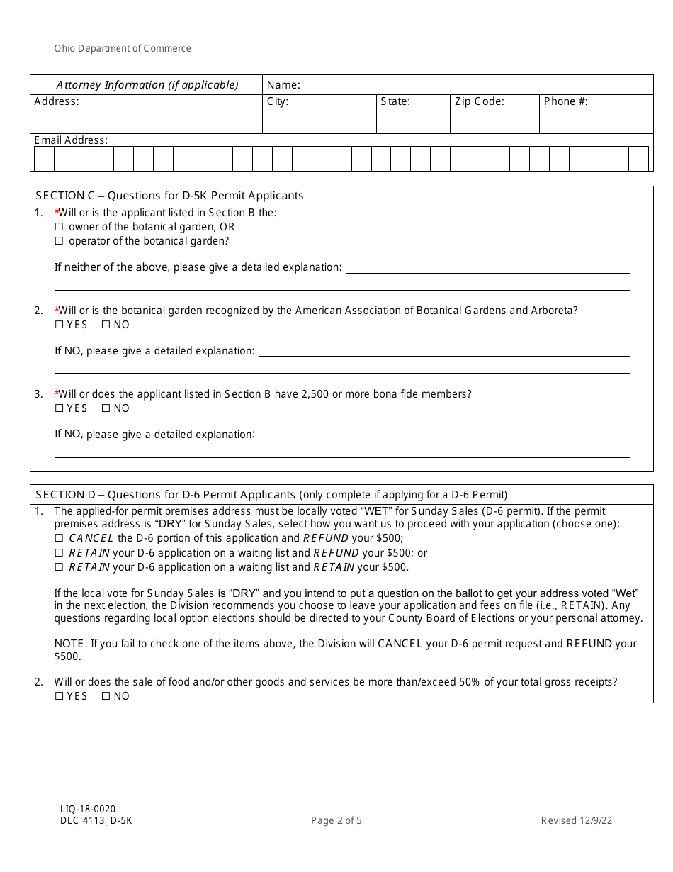 Form DLC4113_D-5K (LIQ-18-0020) Application for New D-5k Alcoholic Beverage Permit at a Botanical Garden - Ohio, Page 2