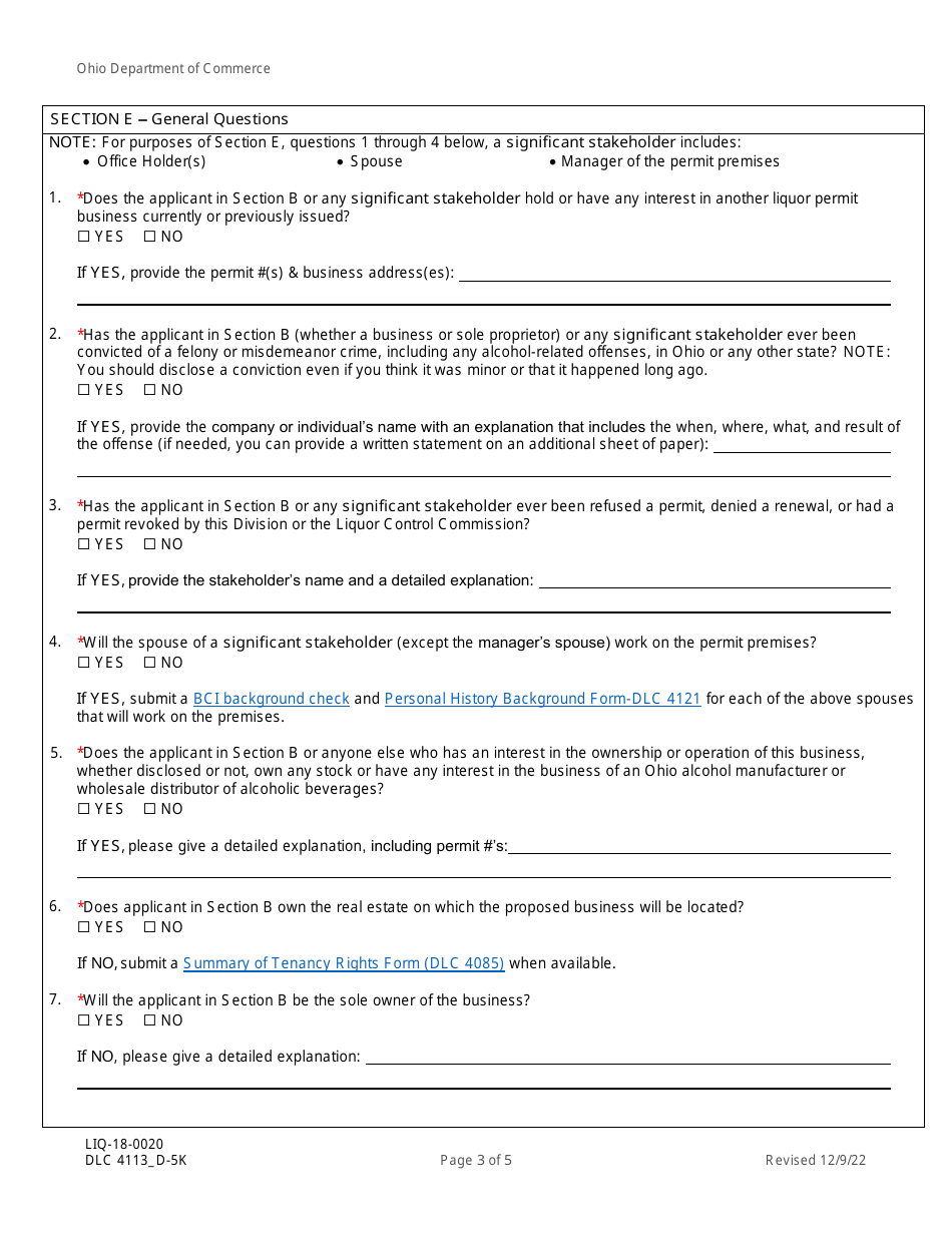 Form DLC4113_D-5K (LIQ-18-0020) Application for New D-5k Alcoholic Beverage Permit at a Botanical Garden - Ohio, Page 3